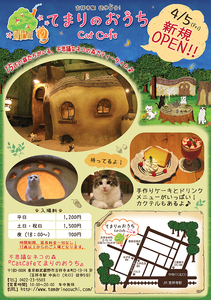 不思議なネコの森『CatCafeてまりのおうち』吉祥寺の東急百貨店の裏で2013年4月5日（金）、ひっそりとオープン予定。手作りケーキやドリンクを中心に70種類のメニューをご用意しています。猫たちが気ままに住んでいる森に是非遊びに来てください。
