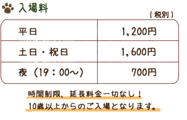入場料 平日1,200円 土日・祝日1,600円 夜(19:00~)700円 (税別) 時間制限、延長料金一切なし!12歳以上からのご入場となります。