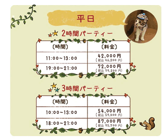 平日　2時間パーティー  10:00～12:00   38,000円 19:00～21:00 72,000円 3時間パーティー 10:00～13:00   48,000円 19:00～22:00 87,000円 