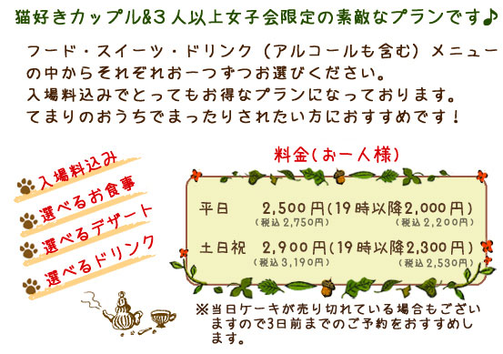 猫好きカップル&３人以上女子会限定の素敵なプランです♪フード・スイーツ・ドリンク（アルコールも含む）メニューの中からそれぞれお一つずつお選びください。入場料込みでとってもお得なプランになっております。てまりのおうちでまったりされたい方におすすめです！   ・入場料込み・選べるお食事・選べるデザート・選べるドリンク　【料金】お一人様　平日   2,500円（19時以降2,000円）　土日祝 2,900円（19時以降2,300円）※当日ケーキが売り切れている場合もございますので3日前までのご予約をおすすめします。